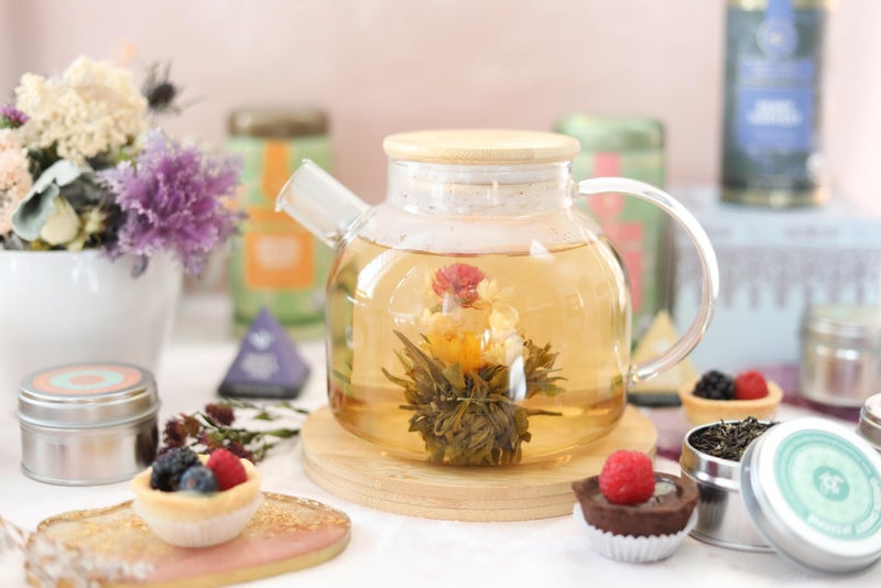 Teabloom Stovetop Safe Glass Teapot with Bamboo Lid (40oz/1200ml) + Loose Leaf Tea Filter Spout + 2 Blooming Teas + Large Bamboo Trivet - Natural Flowering Tea Gift Set - Image 3